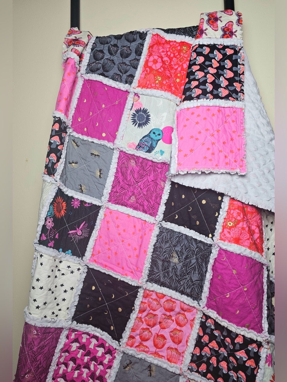 Handmade Mushroom Owl Rag Quilt: Firefly Baby Crib Blanket Ruby Star Society